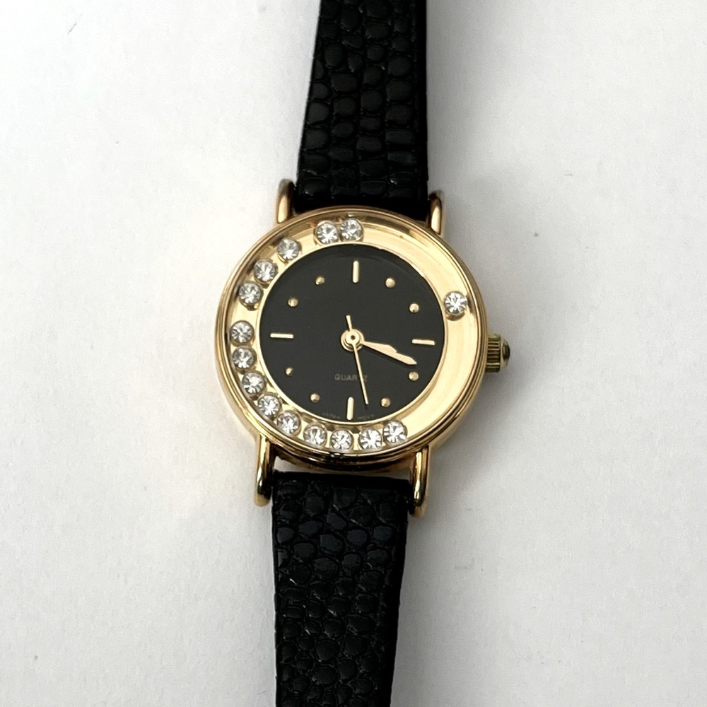 BOGO Vintage Avon black and gold tone watch with crystals